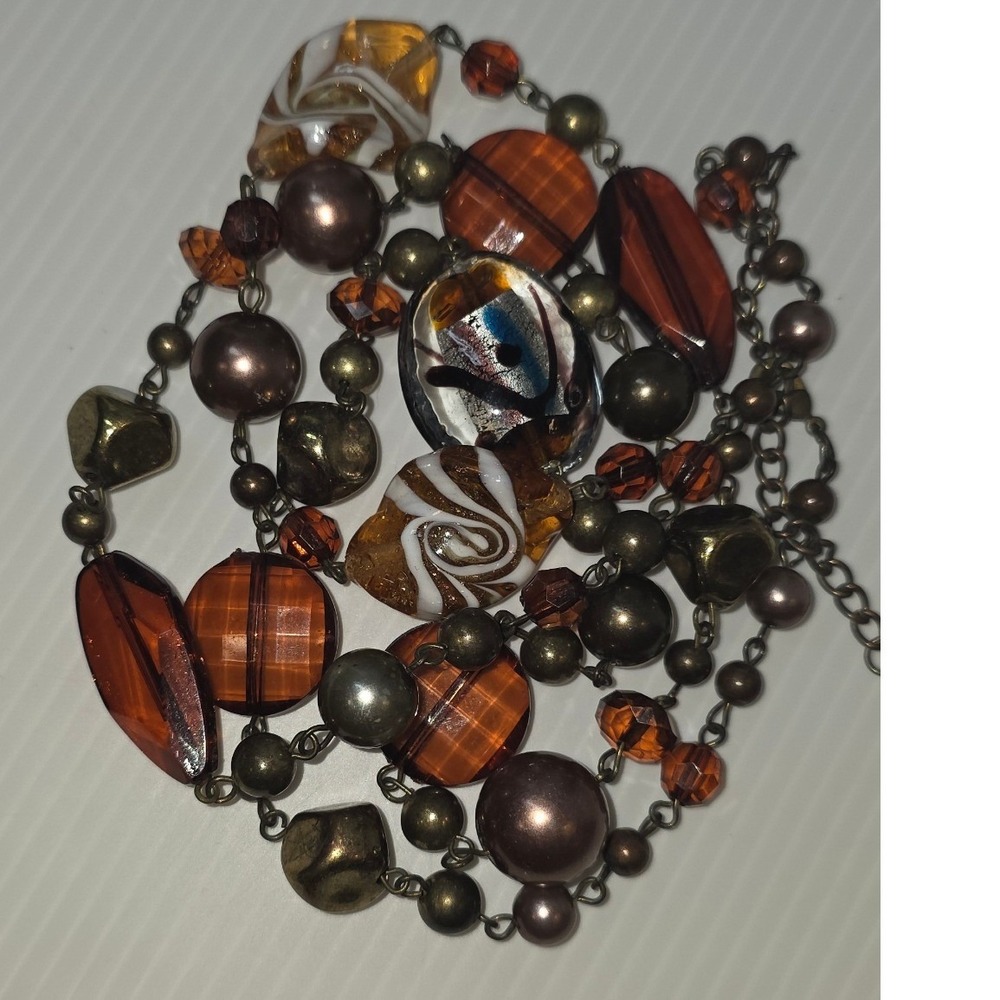 Long Unbranded Blown Glass Bead Necklace Sparkle Art Glass Brown Bronze Tone - Picture 11 of 11